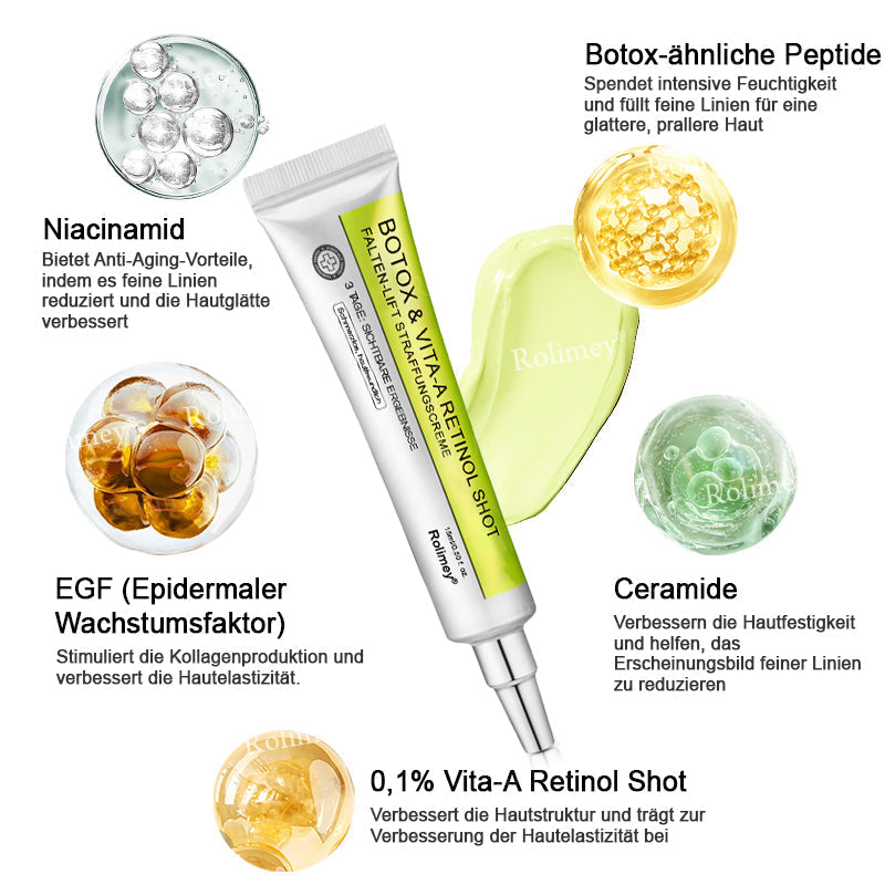 Jetzt jugendliche Haut zurückgewinnen 🍀Rolimey® Botox & Vita-A Retinol Shot Falten-Lift Straffungscreme