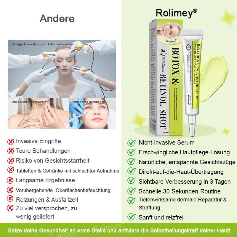 Jetzt jugendliche Haut zurückgewinnen 🍀Rolimey® Botox & Vita-A Retinol Shot Falten-Lift Straffungscreme