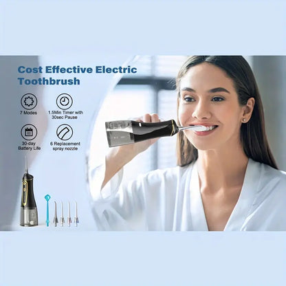 Valentine's Day Gift - Water Flosser, 6 Replaceable Nozzles, Portable, 30 Days of Use on Full Charge, Deep Oral Cleaning, Home and Couple Travel, Couple Hygiene Products, Cruise Essentials, Travel Must-Have Accessories - Black
